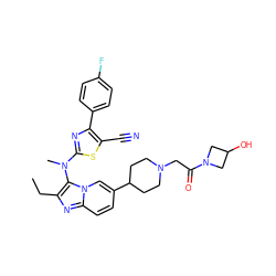 CCc1nc2ccc(C3CCN(CC(=O)N4CC(O)C4)CC3)cn2c1N(C)c1nc(-c2ccc(F)cc2)c(C#N)s1 ZINC000217811721