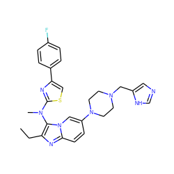 CCc1nc2ccc(N3CCN(Cc4cnc[nH]4)CC3)cn2c1N(C)c1nc(-c2ccc(F)cc2)cs1 ZINC000217845563