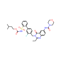 CCc1nc2ccc(NC(=O)N3CCOCC3)cc2c(=O)n1Cc1ccc(-c2ccccc2S(=O)(=O)NC(=O)OCCC(C)C)cc1F ZINC000026402402