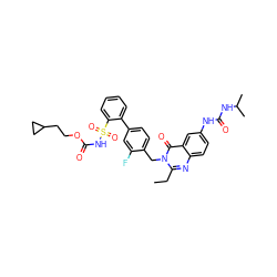 CCc1nc2ccc(NC(=O)NC(C)C)cc2c(=O)n1Cc1ccc(-c2ccccc2S(=O)(=O)NC(=O)OCCC2CC2)cc1F ZINC000026400867