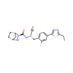 CCc1ncc(-c2ccc(C[C@@H](C#N)NC(=O)[C@H]3N[C@@H]4CC[C@H]3C4)c(F)c2)s1 ZINC000219297625