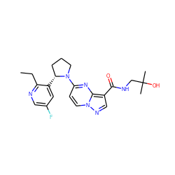 CCc1ncc(F)cc1[C@@H]1CCCN1c1ccn2ncc(C(=O)NCC(C)(C)O)c2n1 ZINC000169704268