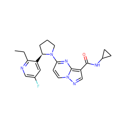 CCc1ncc(F)cc1[C@H]1CCCN1c1ccn2ncc(C(=O)NC3CC3)c2n1 ZINC000165334326