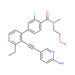 CCc1nccc(-c2ccc(C(=O)N(C)CCOC)c(F)c2)c1C#Cc1ccc(N)nc1 ZINC000114415455