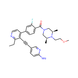 CCc1nccc(-c2ccc(C(=O)N3C[C@H](C)N(CCOC)[C@H](C)C3)c(F)c2)c1C#Cc1ccc(N)nc1 ZINC000202383665