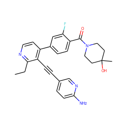 CCc1nccc(-c2ccc(C(=O)N3CCC(C)(O)CC3)c(F)c2)c1C#Cc1ccc(N)nc1 ZINC000202384757