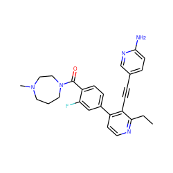 CCc1nccc(-c2ccc(C(=O)N3CCCN(C)CC3)c(F)c2)c1C#Cc1ccc(N)nc1 ZINC000202385664