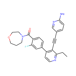 CCc1nccc(-c2ccc(C(=O)N3CCCOCC3)c(F)c2)c1C#Cc1ccc(N)nc1 ZINC000068247147