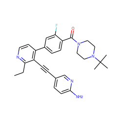 CCc1nccc(-c2ccc(C(=O)N3CCN(C(C)(C)C)CC3)c(F)c2)c1C#Cc1ccc(N)nc1 ZINC000202386135