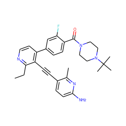 CCc1nccc(-c2ccc(C(=O)N3CCN(C(C)(C)C)CC3)c(F)c2)c1C#Cc1ccc(N)nc1C ZINC000202385978