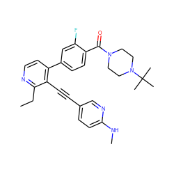 CCc1nccc(-c2ccc(C(=O)N3CCN(C(C)(C)C)CC3)c(F)c2)c1C#Cc1ccc(NC)nc1 ZINC000205570775