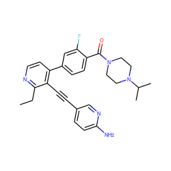 CCc1nccc(-c2ccc(C(=O)N3CCN(C(C)C)CC3)c(F)c2)c1C#Cc1ccc(N)nc1 ZINC000202384630