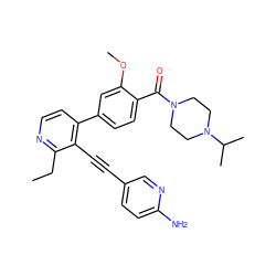 CCc1nccc(-c2ccc(C(=O)N3CCN(C(C)C)CC3)c(OC)c2)c1C#Cc1ccc(N)nc1 ZINC000202383984