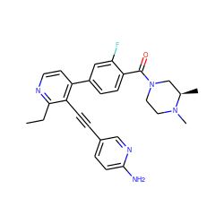 CCc1nccc(-c2ccc(C(=O)N3CCN(C)[C@H](C)C3)c(F)c2)c1C#Cc1ccc(N)nc1 ZINC000202386555