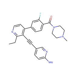 CCc1nccc(-c2ccc(C(=O)N3CCN(C)CC3)c(F)c2)c1C#Cc1ccc(N)nc1 ZINC000068247144