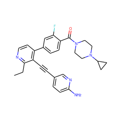 CCc1nccc(-c2ccc(C(=O)N3CCN(C4CC4)CC3)c(F)c2)c1C#Cc1ccc(N)nc1 ZINC000114415106