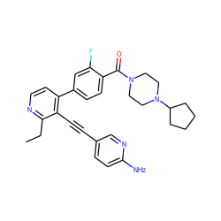 CCc1nccc(-c2ccc(C(=O)N3CCN(C4CCCC4)CC3)c(F)c2)c1C#Cc1ccc(N)nc1 ZINC000068247146