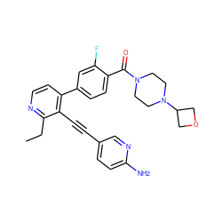 CCc1nccc(-c2ccc(C(=O)N3CCN(C4COC4)CC3)c(F)c2)c1C#Cc1ccc(N)nc1 ZINC000068247143