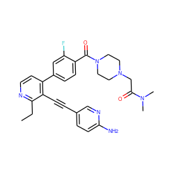 CCc1nccc(-c2ccc(C(=O)N3CCN(CC(=O)N(C)C)CC3)c(F)c2)c1C#Cc1ccc(N)nc1 ZINC000202386417