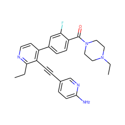 CCc1nccc(-c2ccc(C(=O)N3CCN(CC)CC3)c(F)c2)c1C#Cc1ccc(N)nc1 ZINC000114411743