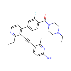 CCc1nccc(-c2ccc(C(=O)N3CCN(CC)CC3)c(F)c2)c1C#Cc1ccc(N)nc1C ZINC000202385732