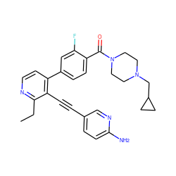 CCc1nccc(-c2ccc(C(=O)N3CCN(CC4CC4)CC3)c(F)c2)c1C#Cc1ccc(N)nc1 ZINC000202385469