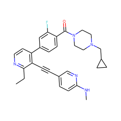 CCc1nccc(-c2ccc(C(=O)N3CCN(CC4CC4)CC3)c(F)c2)c1C#Cc1ccc(NC)nc1 ZINC000205581305