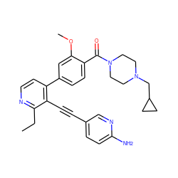 CCc1nccc(-c2ccc(C(=O)N3CCN(CC4CC4)CC3)c(OC)c2)c1C#Cc1ccc(N)nc1 ZINC000202384019