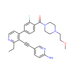 CCc1nccc(-c2ccc(C(=O)N3CCN(CCOC)CC3)c(F)c2)c1C#Cc1ccc(N)nc1 ZINC000202384235