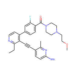 CCc1nccc(-c2ccc(C(=O)N3CCN(CCOC)CC3)c(F)c2)c1C#Cc1ccc(N)nc1C ZINC000202384439