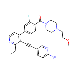 CCc1nccc(-c2ccc(C(=O)N3CCN(CCOC)CC3)c(F)c2)c1C#Cc1ccc(NC)nc1 ZINC000205570813