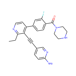 CCc1nccc(-c2ccc(C(=O)N3CCNCC3)c(F)c2)c1C#Cc1ccc(N)nc1 ZINC000114413575