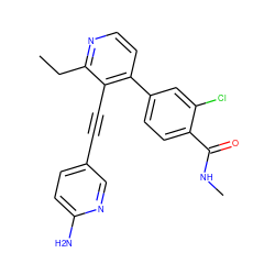 CCc1nccc(-c2ccc(C(=O)NC)c(Cl)c2)c1C#Cc1ccc(N)nc1 ZINC000202384468