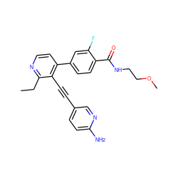 CCc1nccc(-c2ccc(C(=O)NCCOC)c(F)c2)c1C#Cc1ccc(N)nc1 ZINC000202387348