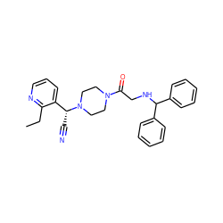 CCc1ncccc1[C@@H](C#N)N1CCN(C(=O)CNC(c2ccccc2)c2ccccc2)CC1 ZINC000013833157