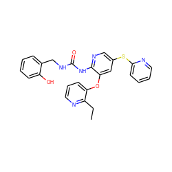 CCc1ncccc1Oc1cc(Sc2ccccn2)cnc1NC(=O)NCc1ccccc1O ZINC000299821608