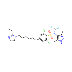 CCc1nccn1CCCCCCc1cc(Cl)c(S(=O)(=O)N(c2c(C)nn(C)c2C)C(F)F)c(Cl)c1 ZINC000199939023