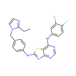 CCc1nccn1Cc1ccc(Nc2nc3ncnc(Nc4ccc(F)c(Cl)c4)c3s2)cc1 ZINC000040892369