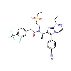 CCc1nccn2c(-c3ccc(C#N)cc3)c([C@@H](C)N(CCS(=O)(=O)CC)C(=O)Cc3ccc(C(F)(F)F)c(F)c3)nc12 ZINC000049722569