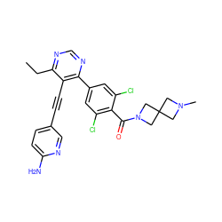 CCc1ncnc(-c2cc(Cl)c(C(=O)N3CC4(CN(C)C4)C3)c(Cl)c2)c1C#Cc1ccc(N)nc1 ZINC000148872558