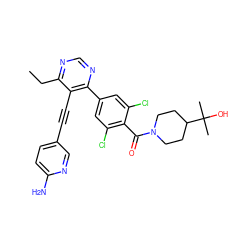 CCc1ncnc(-c2cc(Cl)c(C(=O)N3CCC(C(C)(C)O)CC3)c(Cl)c2)c1C#Cc1ccc(N)nc1 ZINC000072317181