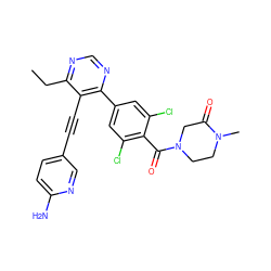 CCc1ncnc(-c2cc(Cl)c(C(=O)N3CCN(C)C(=O)C3)c(Cl)c2)c1C#Cc1ccc(N)nc1 ZINC000167421991