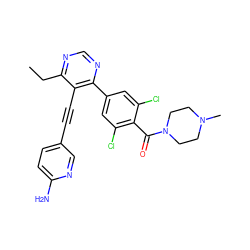 CCc1ncnc(-c2cc(Cl)c(C(=O)N3CCN(C)CC3)c(Cl)c2)c1C#Cc1ccc(N)nc1 ZINC000148275612