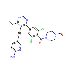 CCc1ncnc(-c2cc(Cl)c(C(=O)N3CCN(C=O)CC3)c(Cl)c2)c1C#Cc1ccc(N)nc1 ZINC000148663561