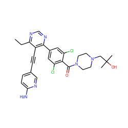 CCc1ncnc(-c2cc(Cl)c(C(=O)N3CCN(CC(C)(C)O)CC3)c(Cl)c2)c1C#Cc1ccc(N)nc1 ZINC000148519216