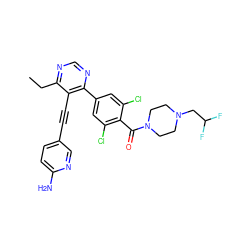 CCc1ncnc(-c2cc(Cl)c(C(=O)N3CCN(CC(F)F)CC3)c(Cl)c2)c1C#Cc1ccc(N)nc1 ZINC000167423331