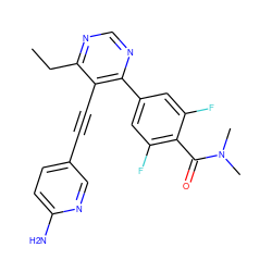 CCc1ncnc(-c2cc(F)c(C(=O)N(C)C)c(F)c2)c1C#Cc1ccc(N)nc1 ZINC000148580441