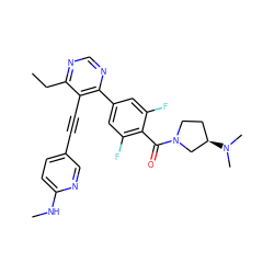 CCc1ncnc(-c2cc(F)c(C(=O)N3CC[C@@H](N(C)C)C3)c(F)c2)c1C#Cc1ccc(NC)nc1 ZINC000167425824