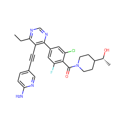 CCc1ncnc(-c2cc(F)c(C(=O)N3CCC([C@@H](C)O)CC3)c(Cl)c2)c1C#Cc1ccc(N)nc1 ZINC000167441352