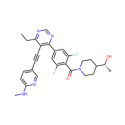 CCc1ncnc(-c2cc(F)c(C(=O)N3CCC([C@@H](C)O)CC3)c(F)c2)c1C#Cc1ccc(NC)nc1 ZINC000167426791